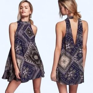 Free People Handkerchief Mock Neck Slip Dress Sleeveless Blue Paisley Small Boho